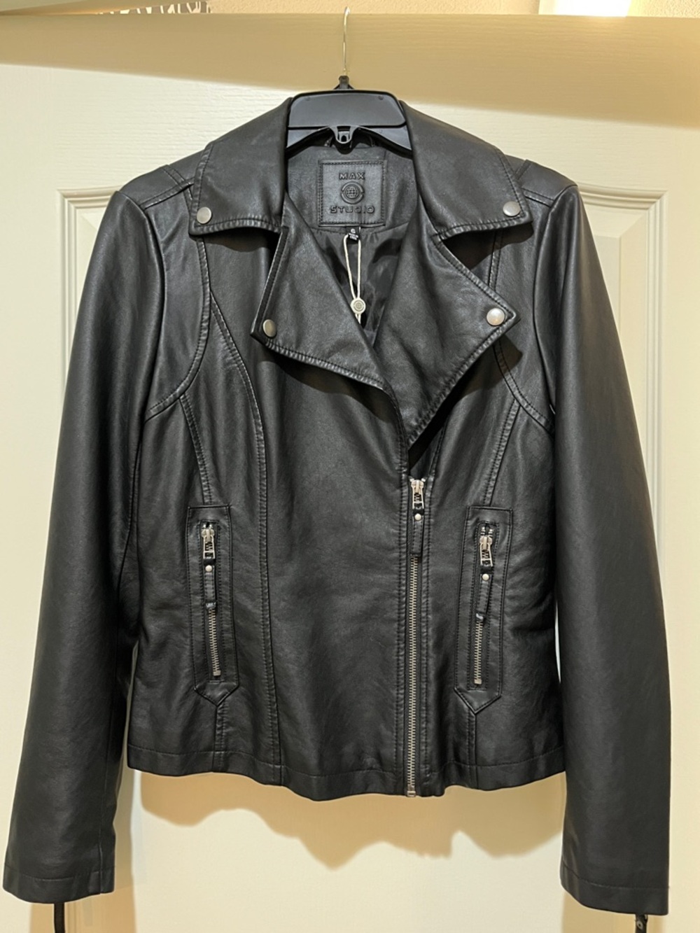 Max Studio Black Leather Moto Jacket with Asymmetrical Zip